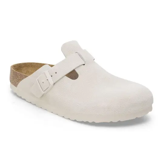 Cover image of ANTIQUE WHITE Birkenstock Boston Soft Footbed Suede Leather Narrow Women's