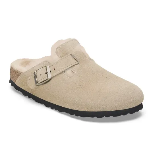 Cover image of TAUPE Birkenstock Boston Shearling Suede Leather Narrow Women's