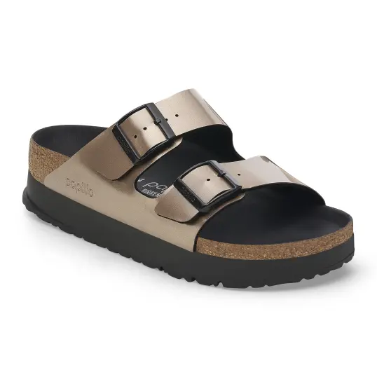 Cover image of ELECTRIC METALLIC TAUPE Birkenstock Arizona Flex Platform Birko-Flor Patent Narrow Women's