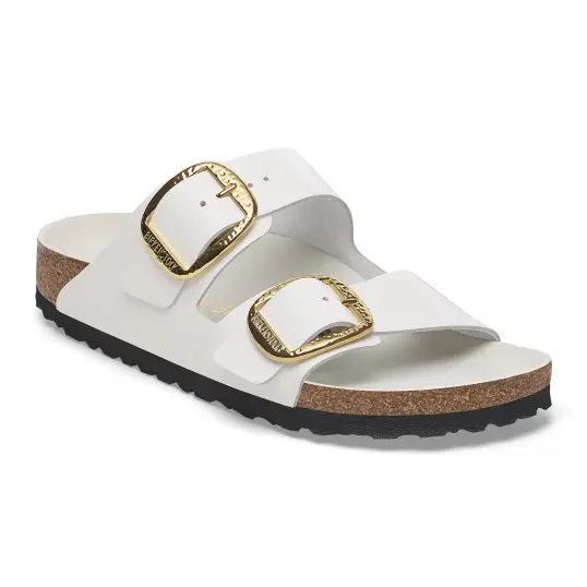 Cover image of High-Shine Antique White Birkenstock Arizona Hammered Big Buckle Natural Leather Patent Narrow Women's