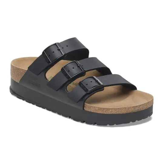 Cover image of Black Birkenstock Florida Platform Flex Vegan Birko-Flor Narrow Women's
