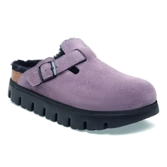 Cover image of FADED PURPLE Birkenstock Boston Chunky Shearling Suede Leather Narrow Women's