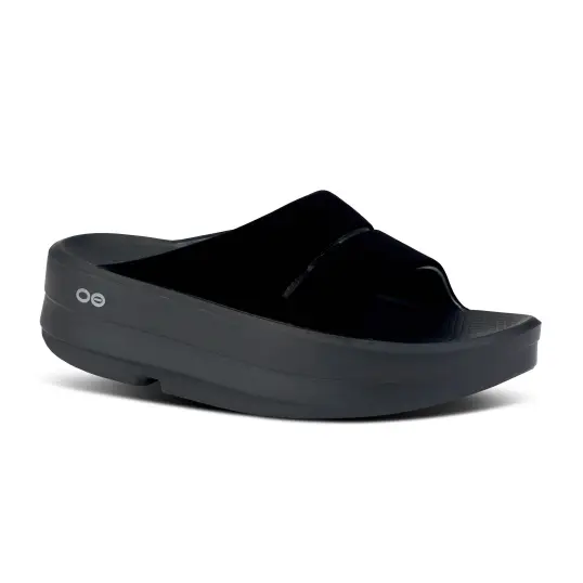 Cover image of Posh Black Oofos OOmega OOahh Luxe Slide Sandal Women's